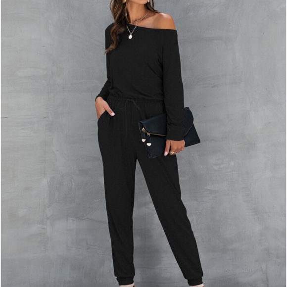 Classic Elegant Asymmetrical Neck Long Sleeve Knot Tie Waist Tee Jumpsuit - Picture 1 of 11